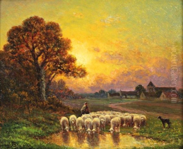 Troupeau De Moutons A La Mare, Chailly Oil Painting by Paul Chaigneau