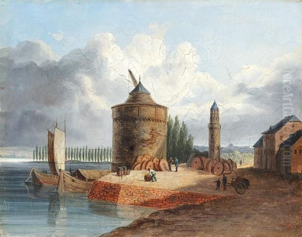 Rheinufer Mit Machtigem Rundturm, Ankernden Booten Und Arbeitern Oil Painting by Victor Chailly