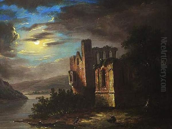 Ruine Au Bord D'un Lac Au Clair De Lune Et Deux Nochers Tirant Une Barque Oil Painting by Victor Chailly