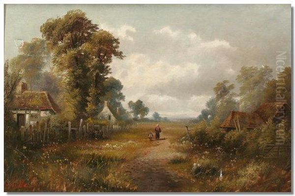 Rural Landscape Withfigures On A Path And Cottages To Each Side Oil Painting by J. Challar