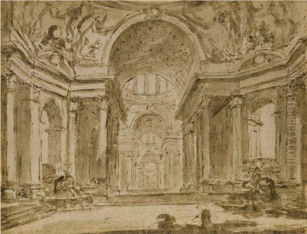 A Capriccio Temple Interior Oil Painting by Charles Michel-Ange Challe