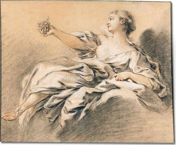 A Bacchante Seated In The Clouds, Holding A Bunch Of Grapes Oil Painting by Simon Challe