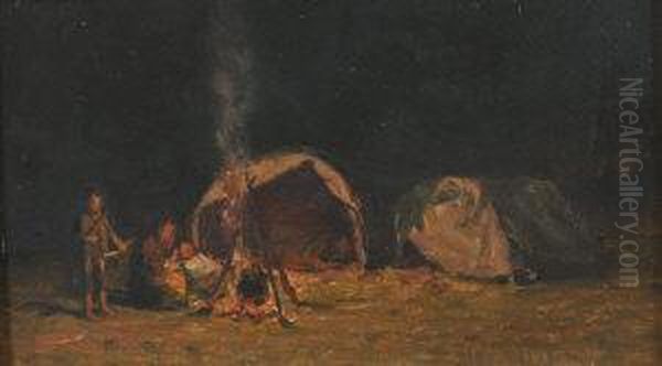 Figures At A Camp Fire Oil Painting by Hector Chalmers