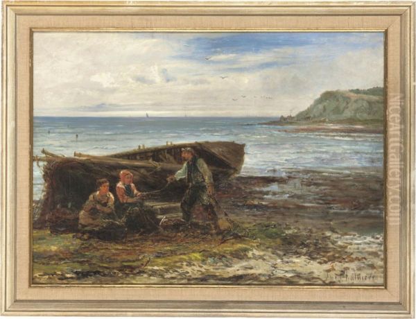 Fisherfolk On The Beach Oil Painting by John Chalmers