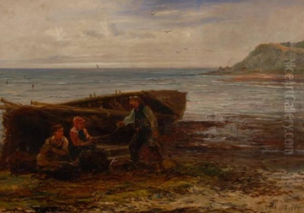 Fisher Folk Mending Nets On The Beach Oil Painting by John Chalmers