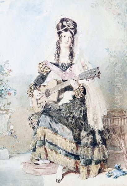 A Spanish Lady Playing A Guitar Oil Painting by Alfred-Edward Chalon