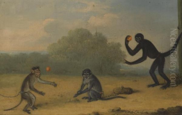 Three Monkeys At Play Oil Painting by Henry Bernard Chalon