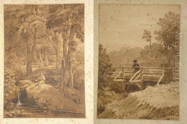 Traveller Resting On A Footbridge, Togetherwith Another Of A Gentleman Resting On A Wooded River Bank, Apair Oil Painting by John James Chalo