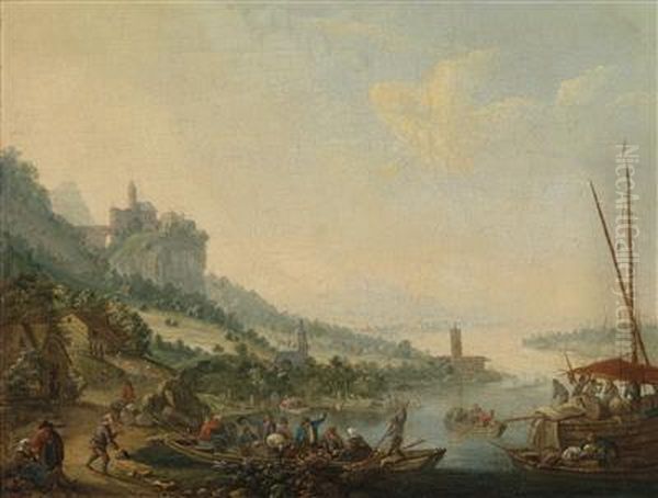 A River Landscape With A Ferry Boat And Acastle On A Hill Oil Painting by Louis Chalon