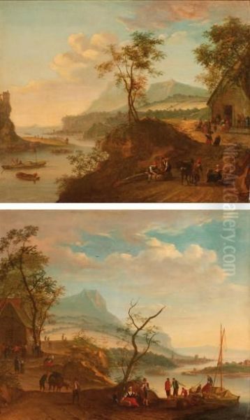 Scene De Peche Dans Un Paysage Montagneux. Oil Painting by Louis Chalon