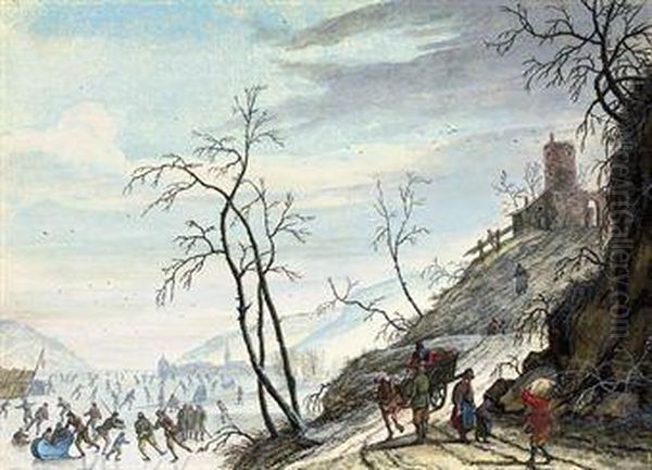 A Dutch Winter Landscape With Figures Skating On A Frozenriver Oil Painting by Louis Chalon