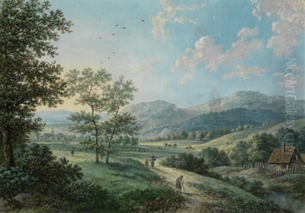 Paysage De Montagne Anime De Promeneurs Oil Painting by Louis Chalon