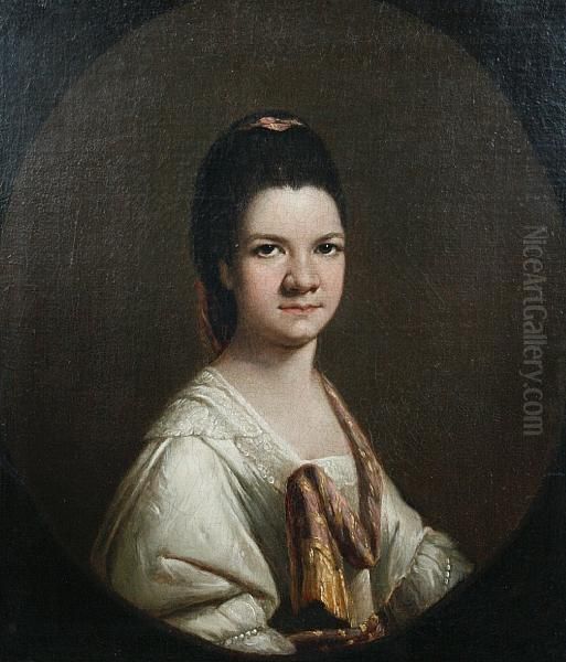 A Bust Portait Of A Woman With Dark Hairwearing A White Dress, In A Painted Oval Oil Painting by Mason, Chamberlin Jnr.