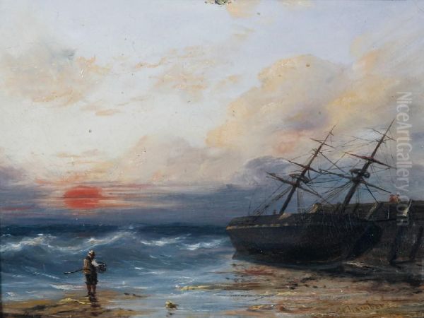 A Figure And A Ship On A Shoreline At Sunset Oil Painting by G. Chambers