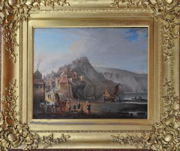 A Fishing Village With Figures, Boats And A Horsecart On The Beach In The Foreground Oil Painting by George Chambers