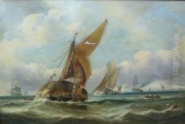 Hay Barges And Other Ships In An Estuary Oil Painting by George Chambers