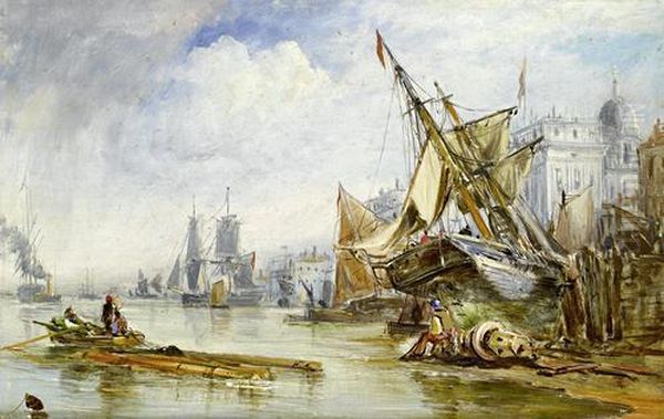 Low Tide On The Thames Foreshore Below The Customs House Oil Painting by George Chambers