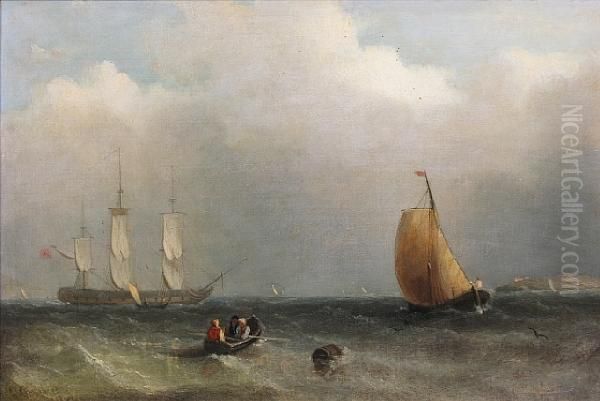 A Fishing Boat And Naval Frigate In Choppyseas Oil Painting by George Chambers