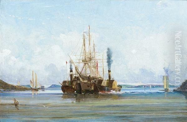 Two Tugs Bringing A Three-master Safely Intoport Oil Painting by George Chambers