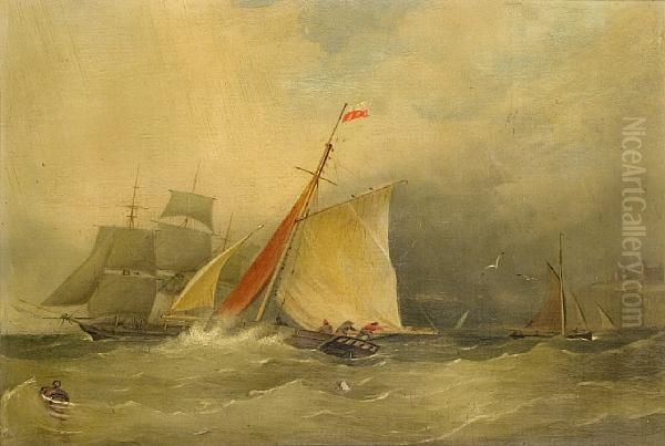 A Racing Cutter Preparing To Change Course In A Sudden Swell Oil Painting by George Chambers