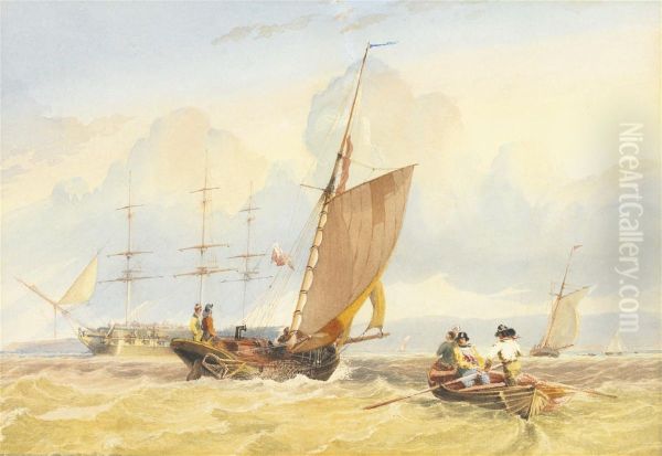 Shipping In A Bay, A Fresh Breeze Oil Painting by George Chambers