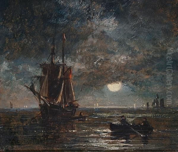 Shipping By Moonlight Oil Painting by George Chambers