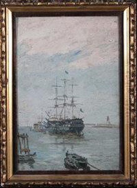 Sketch: Wellesley Training Ship, Shields Harbour, Rivertyne Oil Painting by John Chambers