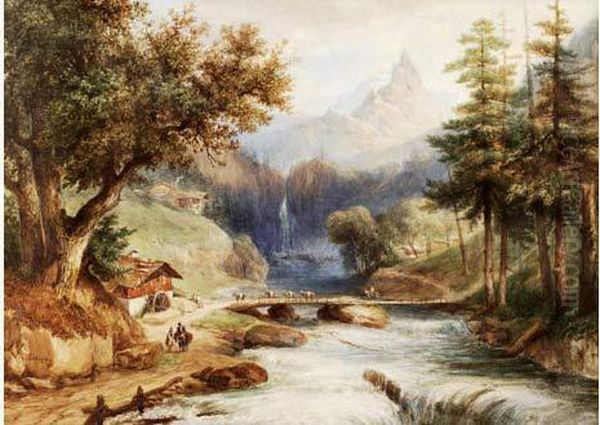 Troupeau De Chevaux Franchissant Un Pont De Montagne Oil Painting by Jean-Jacques Champin