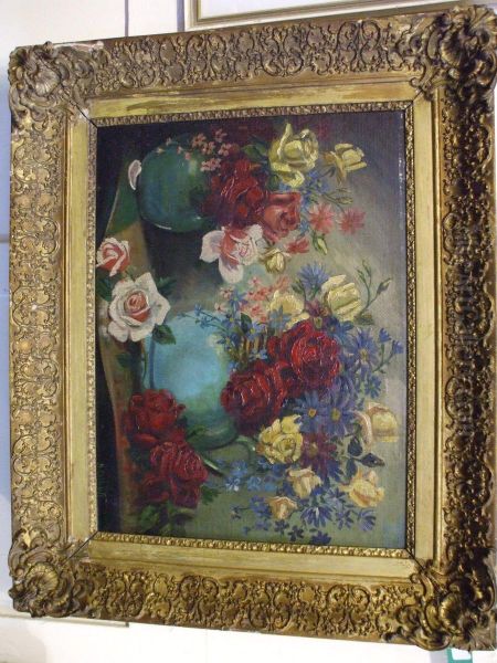 A Still Life Of Summer Rosesand Chrysanthemums In Vases On A Table Oil Painting by Ada Belle Champlin