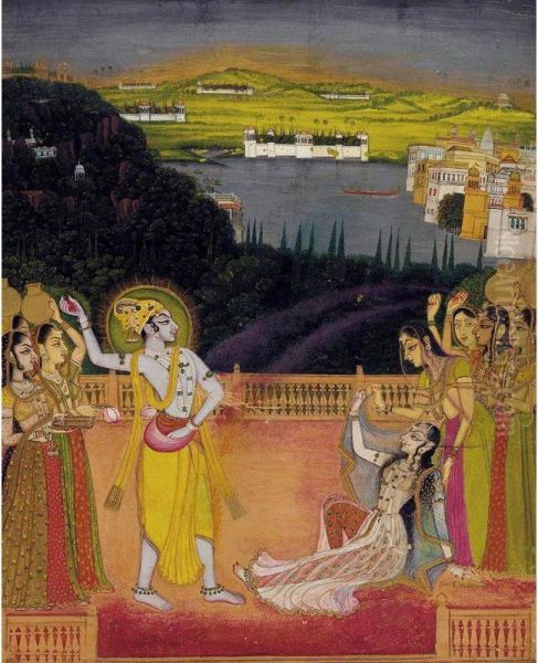 Krishna Celebrates Holi With Radha And The Gopis Oil Painting by Nihal Chand