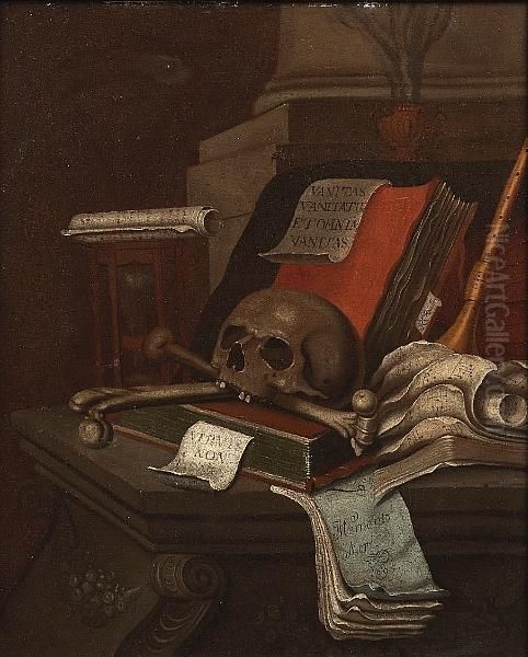 A Still Life With A Skull, Bones, Books, Musical Manuscript, Sand Clock And Papers On A Sculpted Ledge Oil Painting by R.A. Chandler