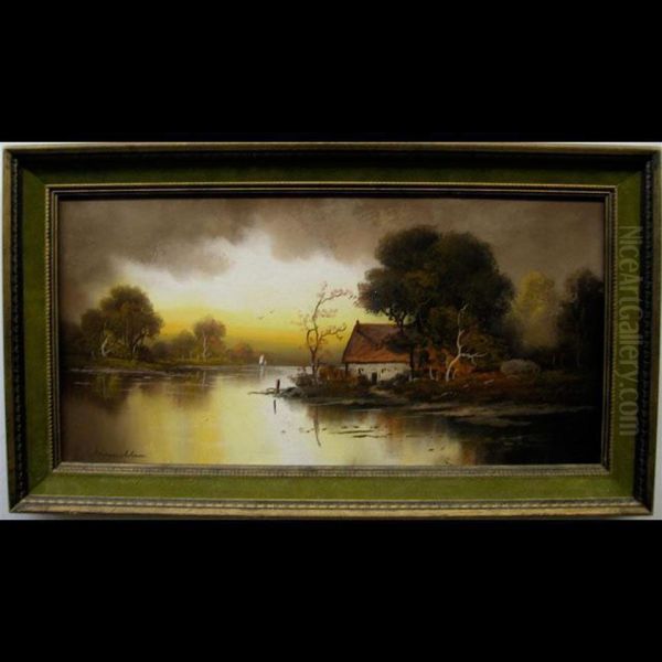 Riverside Cottage At Sunset Oil Painting by Winthrop Chandler