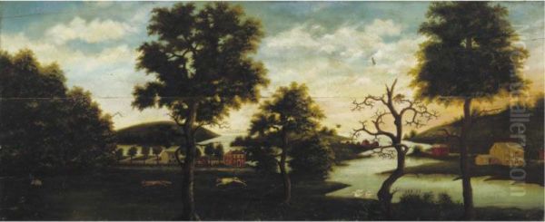 A Landscape With Trees, Red And Yellow Houses On A Lake , Hound Pursuing A Red Fox Oil Painting by Winthrop Chandler