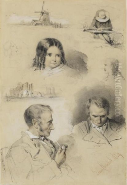 Feuille D'etude Avec Deux Petits Paysages, Quatre Tetes D'hommes Et Un Visage De Fillette Oil Painting by Louis Chantal