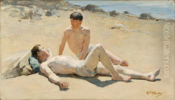 Deux Baigneurs Sur La Plage Oil Painting by Alexandre Jacques Chantron