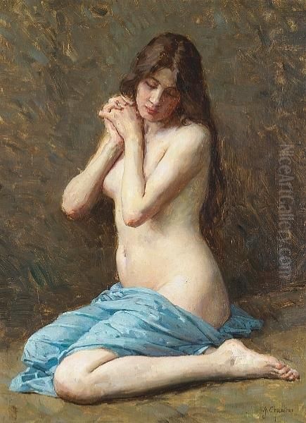 A Seated Nude With A Blue Drape Oil Painting by Alexandre Jacques Chantron