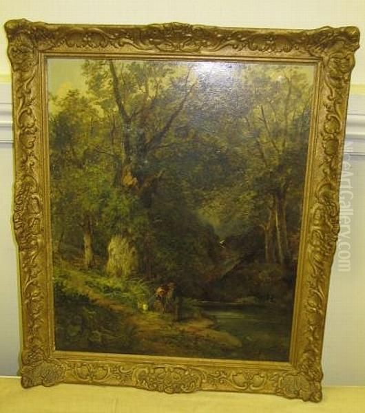 Figures Resting Before A Wooded River Oil Painting by Henry Chaplin