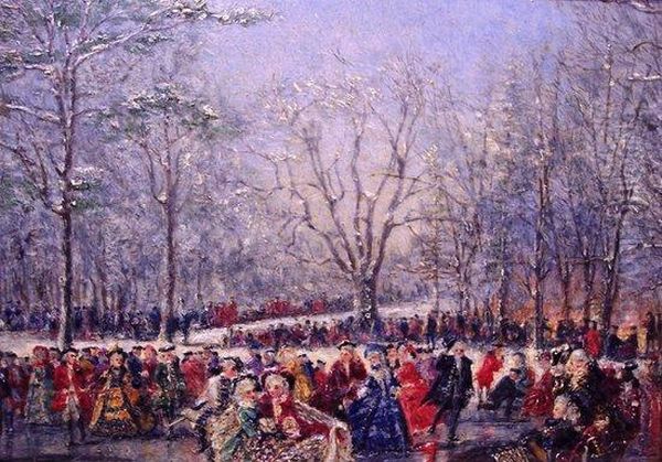 Winter Festival Scene 
 With Skaters On A Frozen Lake Oil Painting by Conrad Wise Chapman