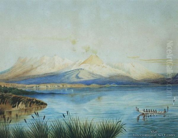 Lake Taupo With Central Plateau Volcanic Mountains Beyond Oil Painting by Ernest Arthur Chapman