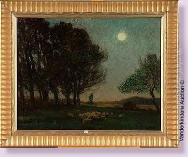 Moutons Au Pre Au Clir De Lune Oil Painting by Edward Chappel