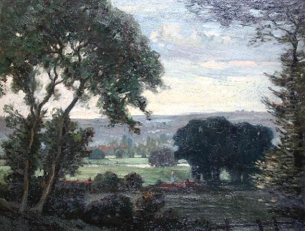 A Rolling Country Landscape With Red Roofedvillage Houses Oil Painting by Edward Chappel