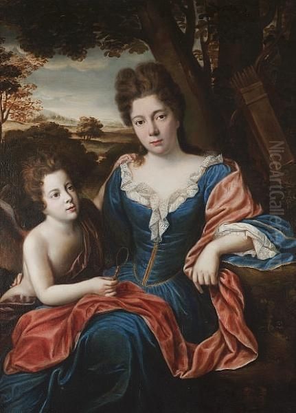 Portrait Of A Lady, Three-quarter-length, In A Blue Dress With A Red Sash, With Cupid In A Landscape Oil Painting by Claude Chapron