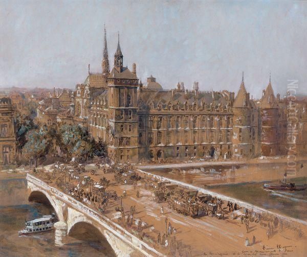 La Conciergerie Et Le Marche Aux Fleurs 
Sur Le Pont Au Change Oil Painting by Pierre Chapuis