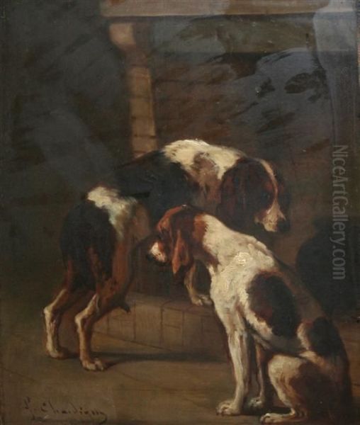 Hounds Beside A Hearth Oil Painting by Jules Chardigny