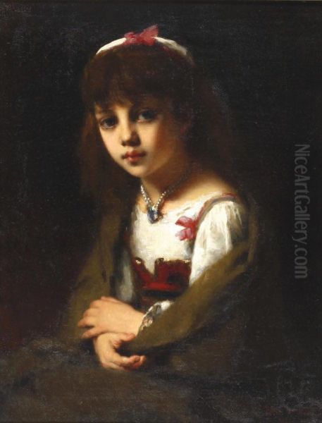 A Girl With A Necklace Oil Painting by Alexei Alexeivich Harlamoff