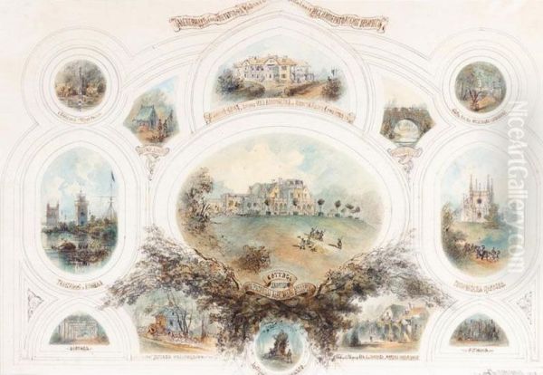 Topographical Vignettes Of The Imperial Residence Alexandria Near St. Petersburg, Including The Gothic Church, Ruins, The Bust Of Grand Duchess Alexandra Nikolaevna, The Former Palace Of Grand Dukes Nikolai And Mikhail Nikolaevich, 'the Cottage' Or Palace Oil Painting by Iosif Iosifovic Charlemagne