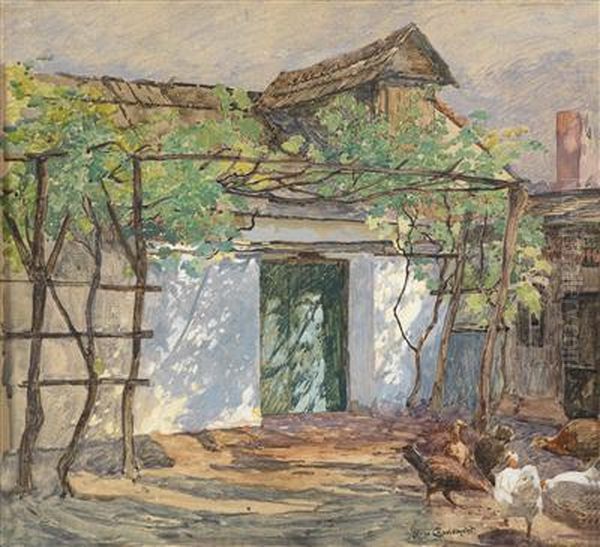 A Chicken Yard Oil Painting by Hugo Charlemont