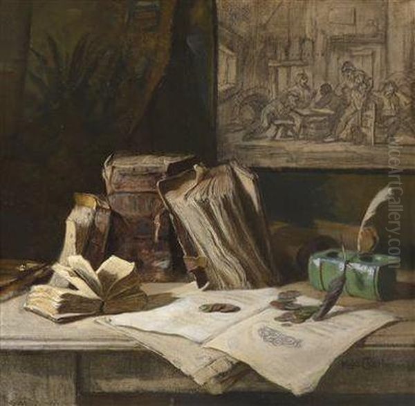 Stilllife With Folios Oil Painting by Hugo Charlemont