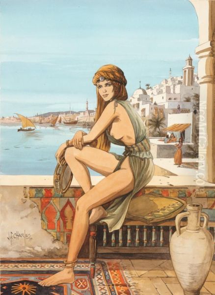 Femme Assise Sur Une Terrasse Oil Painting by A. Charles