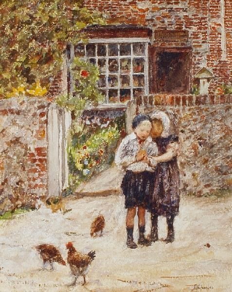 Children Feeding Chickens Outside Acottage Oil Painting by James Charles